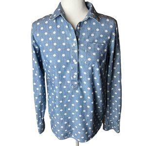 Tommy Hilfiger Denim Chambray White Polka Dot Button Down Tab Sleeve Top Small